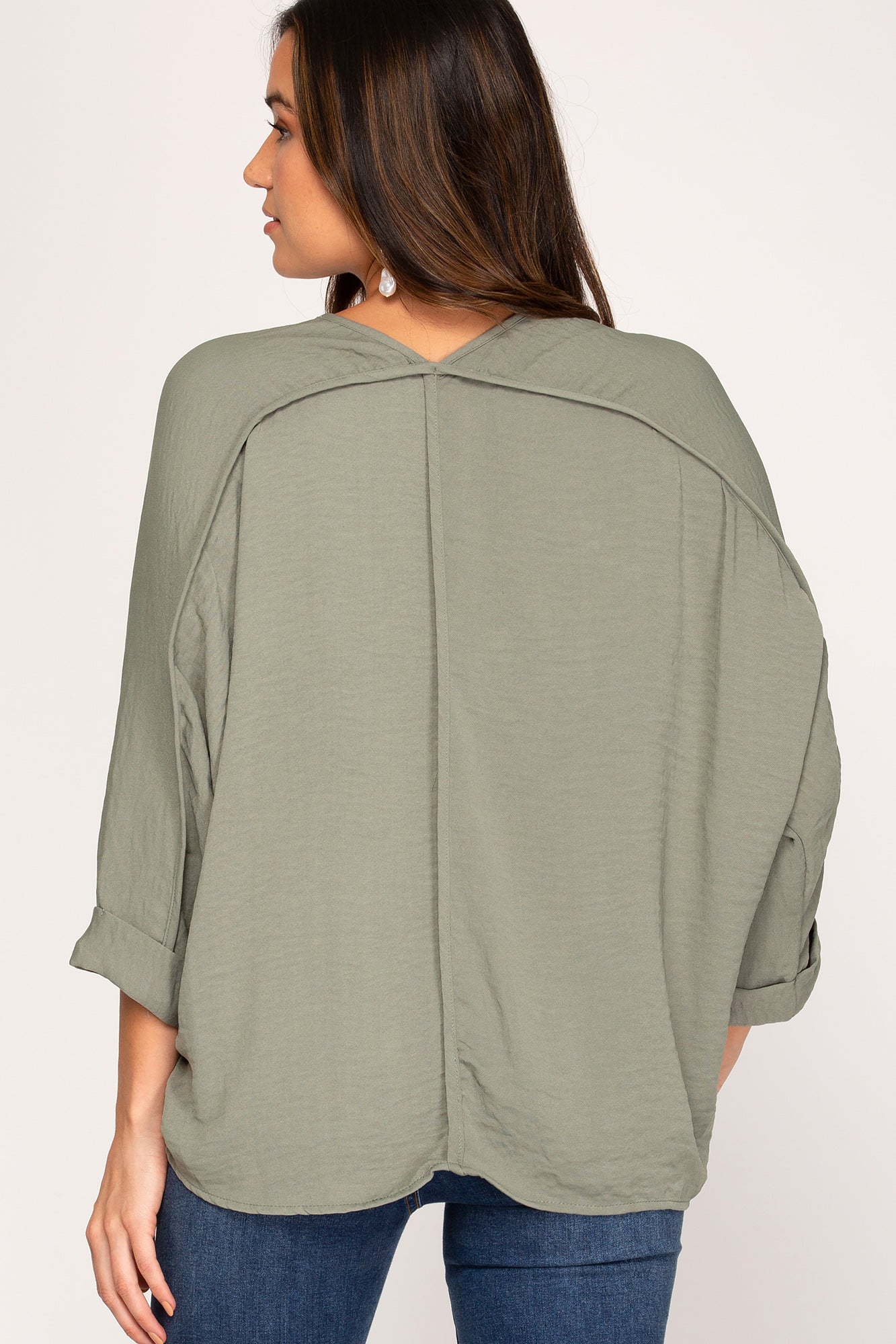 Olive 3/4 Sleeve V-Neck Woven Top