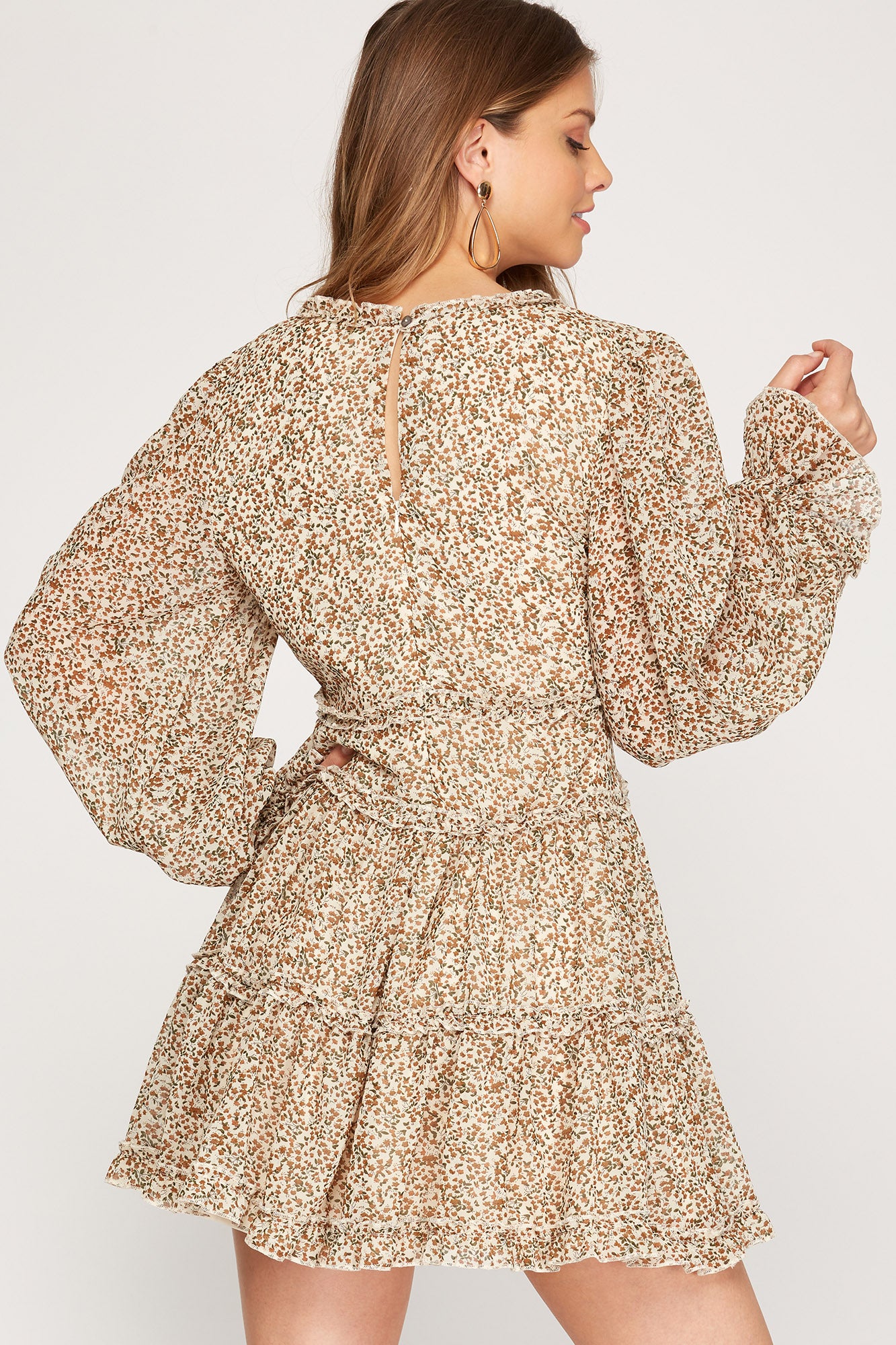 Taupe Colored Long Sleeve Tiered Dress