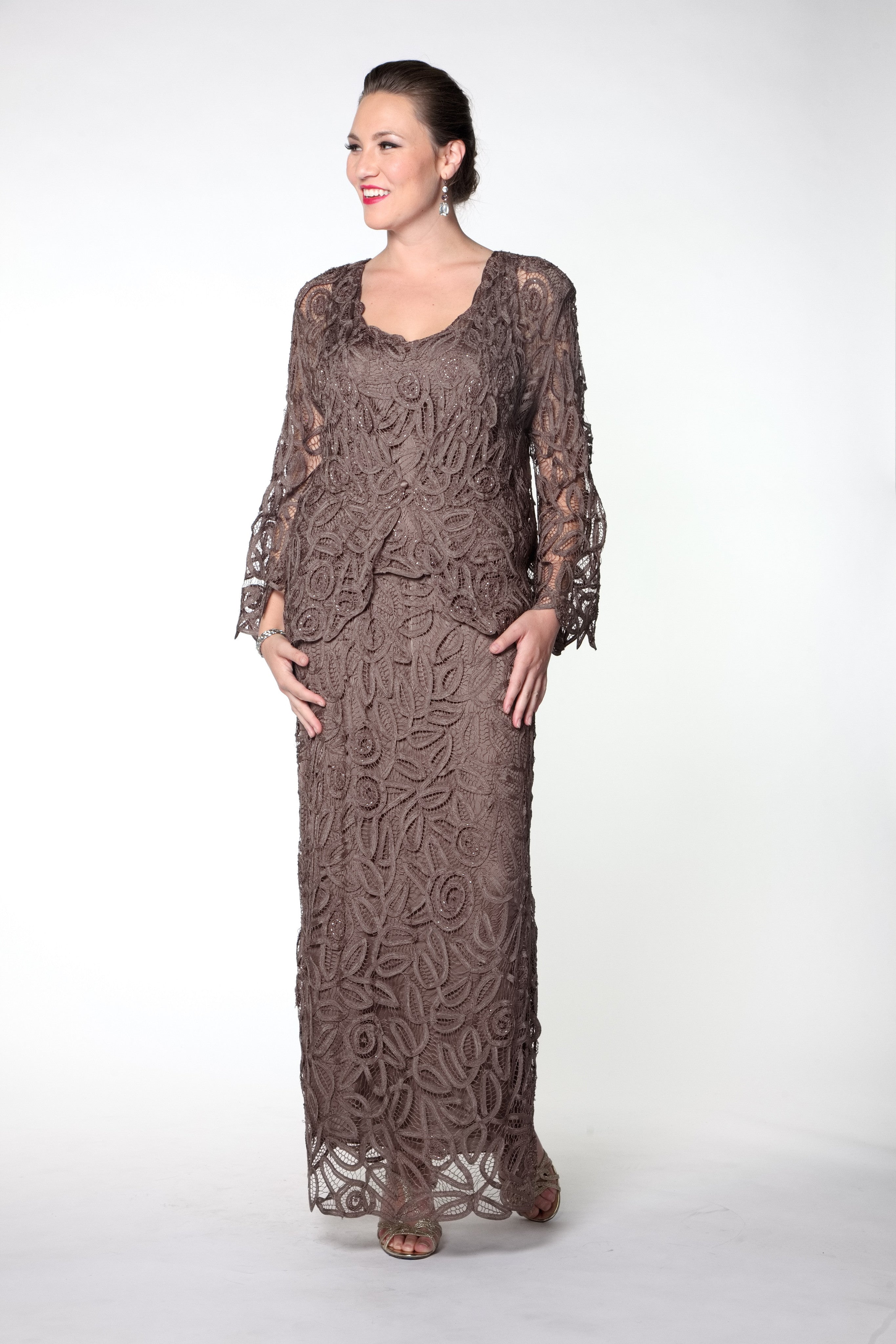 D7107 Hand Crochet 3/4 Bell Sleeve Three Piece Evening Gown – Soulmates