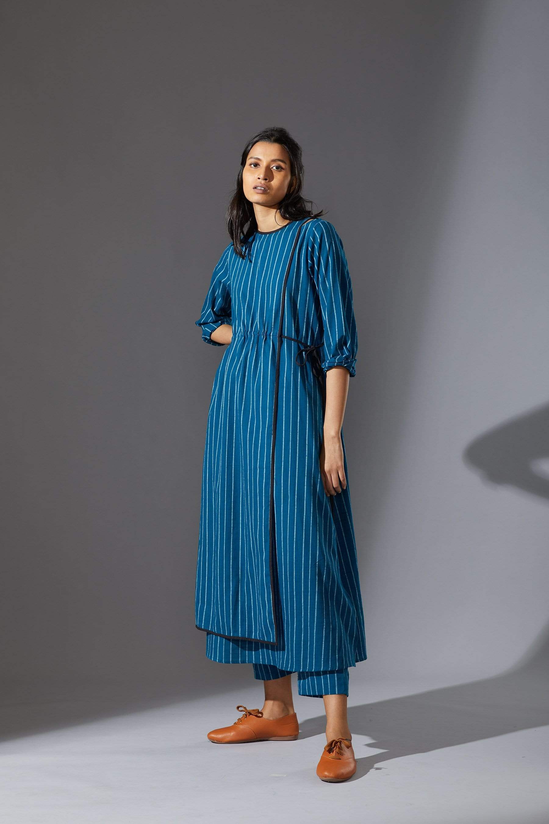 Mati Overlap Blue Striped Tunic Set with Pants