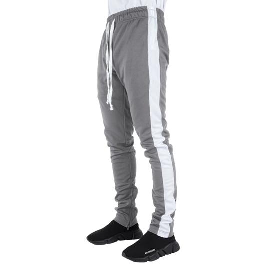 black track pants with white stripe