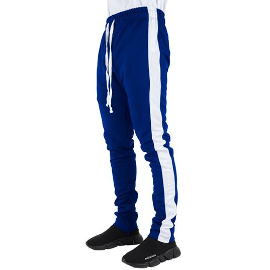 blue pants with white stripes