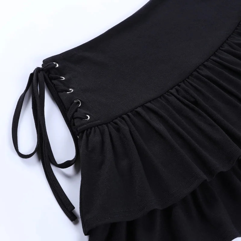 Sexy Double Skirt Strap Waist Shortened Black Skirt