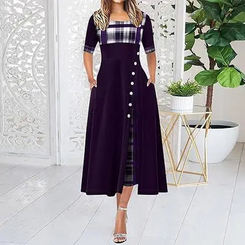 Plaid Print Button Side-Open Maxi Dress with Color Contrast Sleeve - Image 8