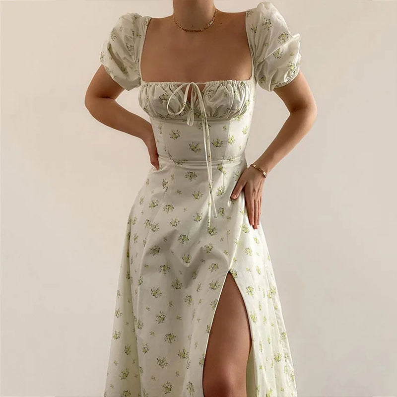 Floral Print Maxi Dress - Square Neck, Puff Sleeve, High Split - Image 7