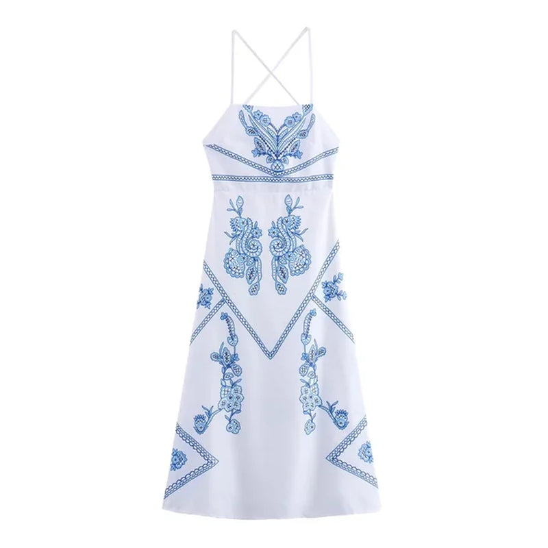 Blue embroidered open back strap dress for women's vacation style