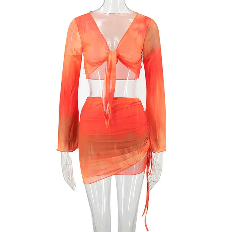 Tie-Dye V-Neck Blouse Set
Gradient Color Mesh Flare Sleeve & Skirt Suit