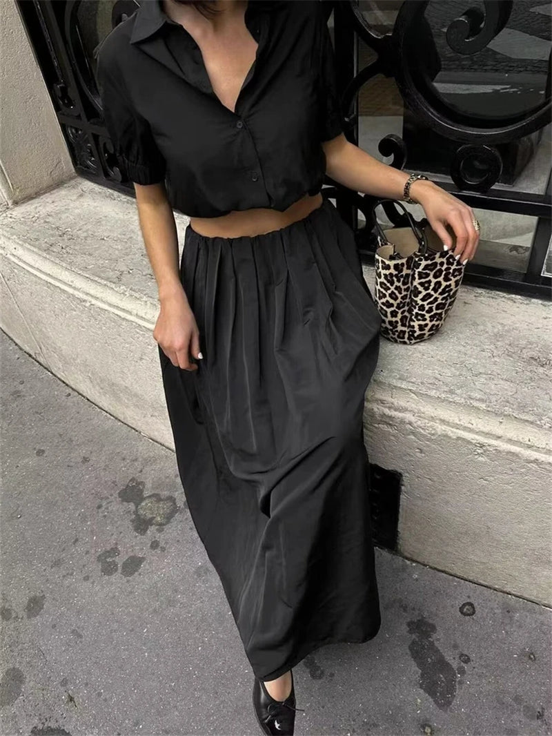 Women's Summer Fashion Set: Flip Collar Shirt & High Waist Skirt - Image 6