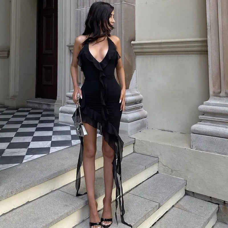 Sexy Backless Halter V-Neck Mini Dress for Women - Black