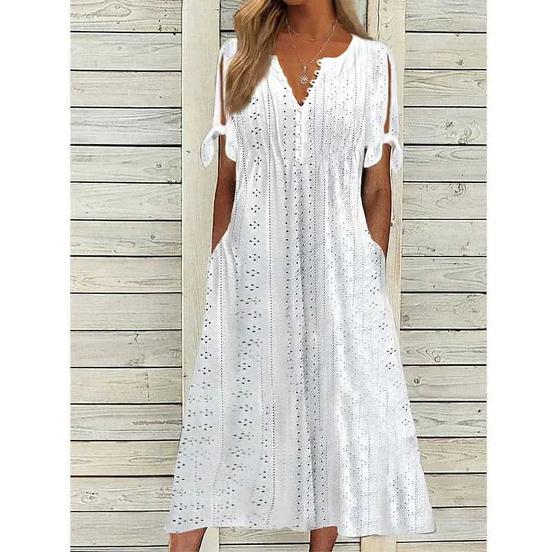 Elegant V Neck Summer Dress with Pockets and Hollow Out - Image 5