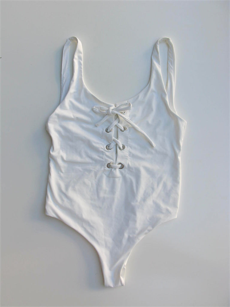 Lace Up Cheeky One Piece Swimsuit White M L Ruby Sofia