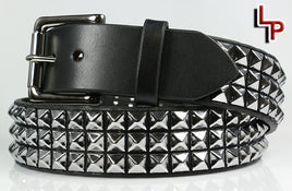 Black Pyramids (3 rows), Matte Black Buckle, Black Leather Belt 1.5