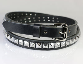 Black Pyramids (3 rows), Matte Black Buckle, Black Leather Belt 1.5