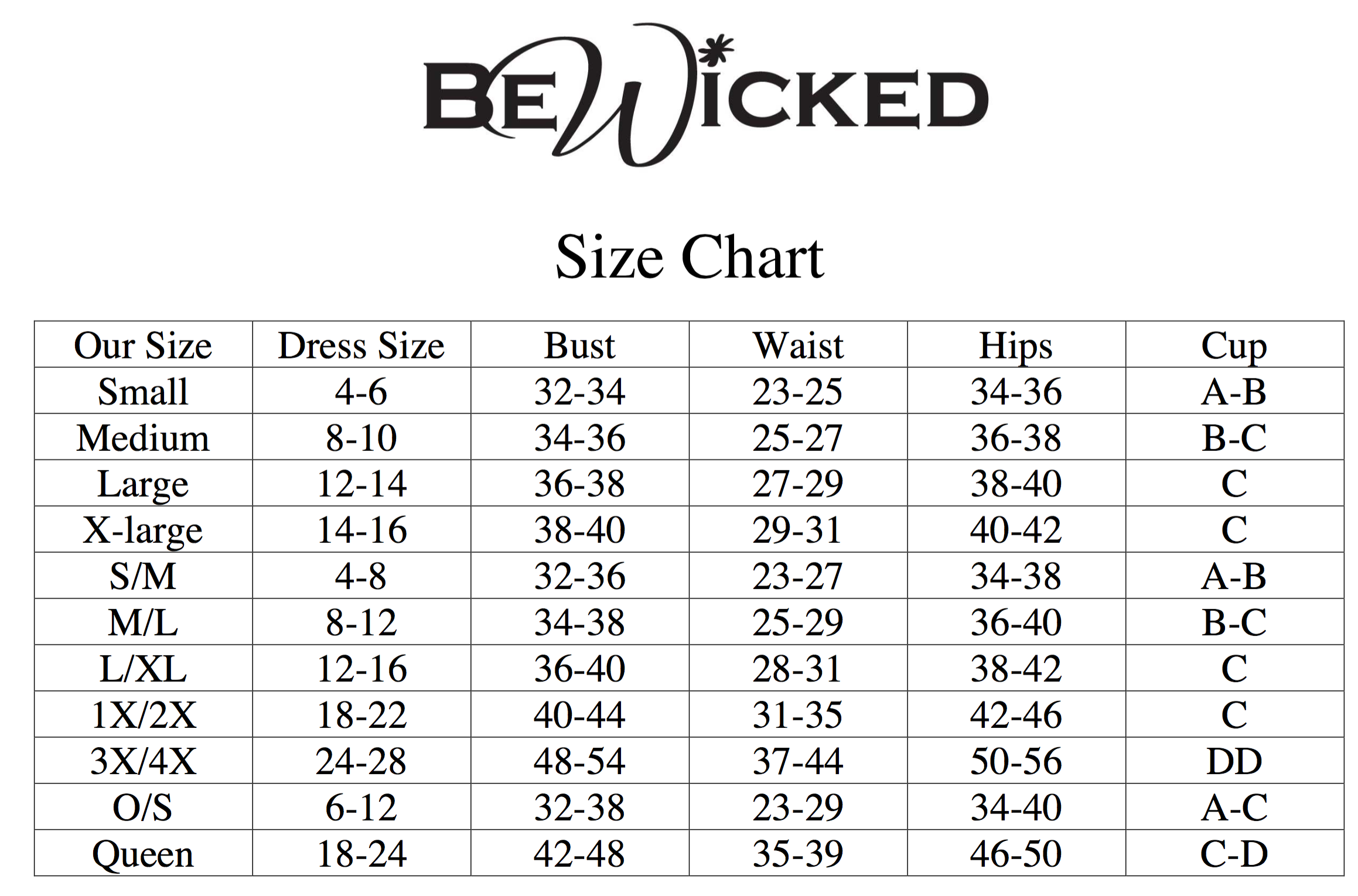 Be Wicked Size Chart – Serpent Lane