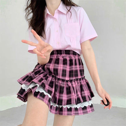 Black Pink Lace Plaid Skirt SE22684 – SANRENSE