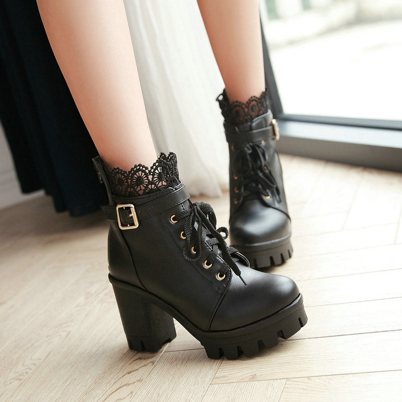 Black/white lace pu heels boots SE10711 – SANRENSE