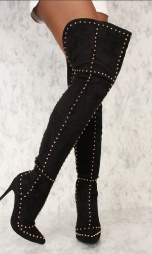 Black Studded Thigh High Boots 