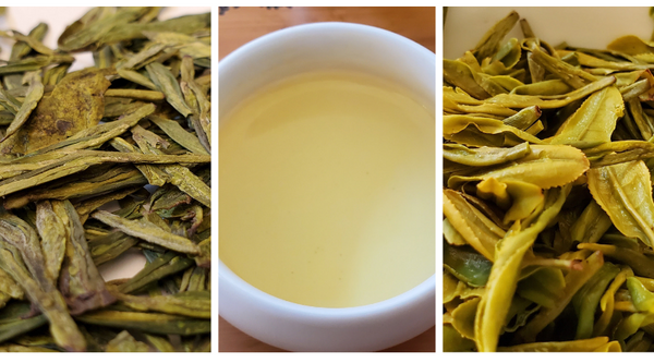 Loose leaf and steeped cup of Dragonwell Superior Chinese green tea