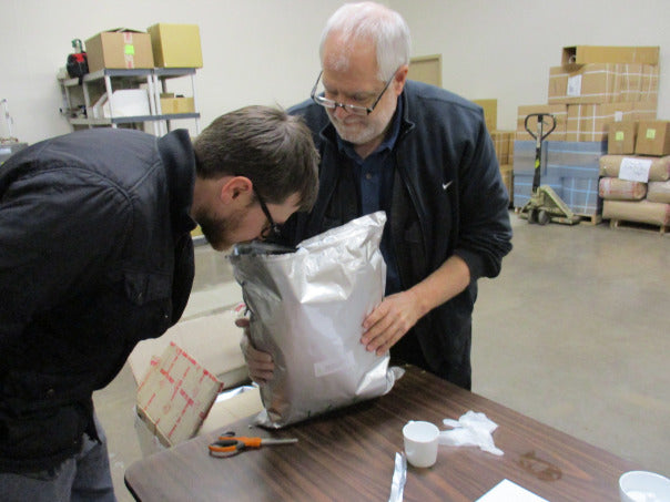 Ryan and Bill check the aroma of the newly opened bag. It smells AMAZING and incredibly fresh.
