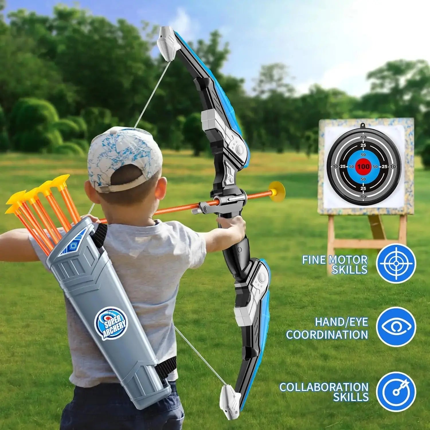 Kids Bow and Arrow Set, LED Light Up Archery Toys Set for Kids Ages 4-8 8-12, with 10 Suction Cup Arrows, Target & Quiver, Boys Trikidsworld