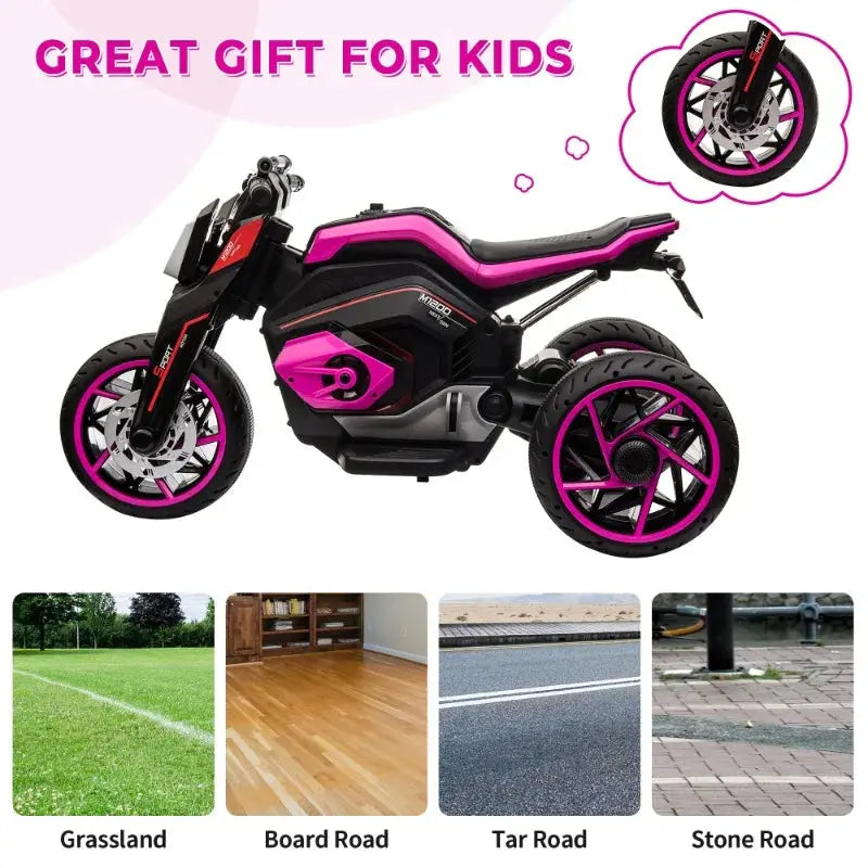 12V Three-wheel Ride On Motorcycle, Kids Electric Motorbike with Horns, LED Lights, Gift for Kids 3-8 Years,Rosy Trikidsworld