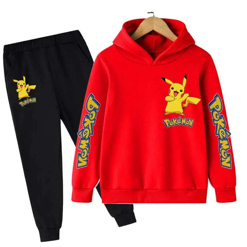 Pikachu Pokemon cartoon knitted hooded sweatshirt children's clothing set for boys and girls, two-piece top + pants set Trikidsworld