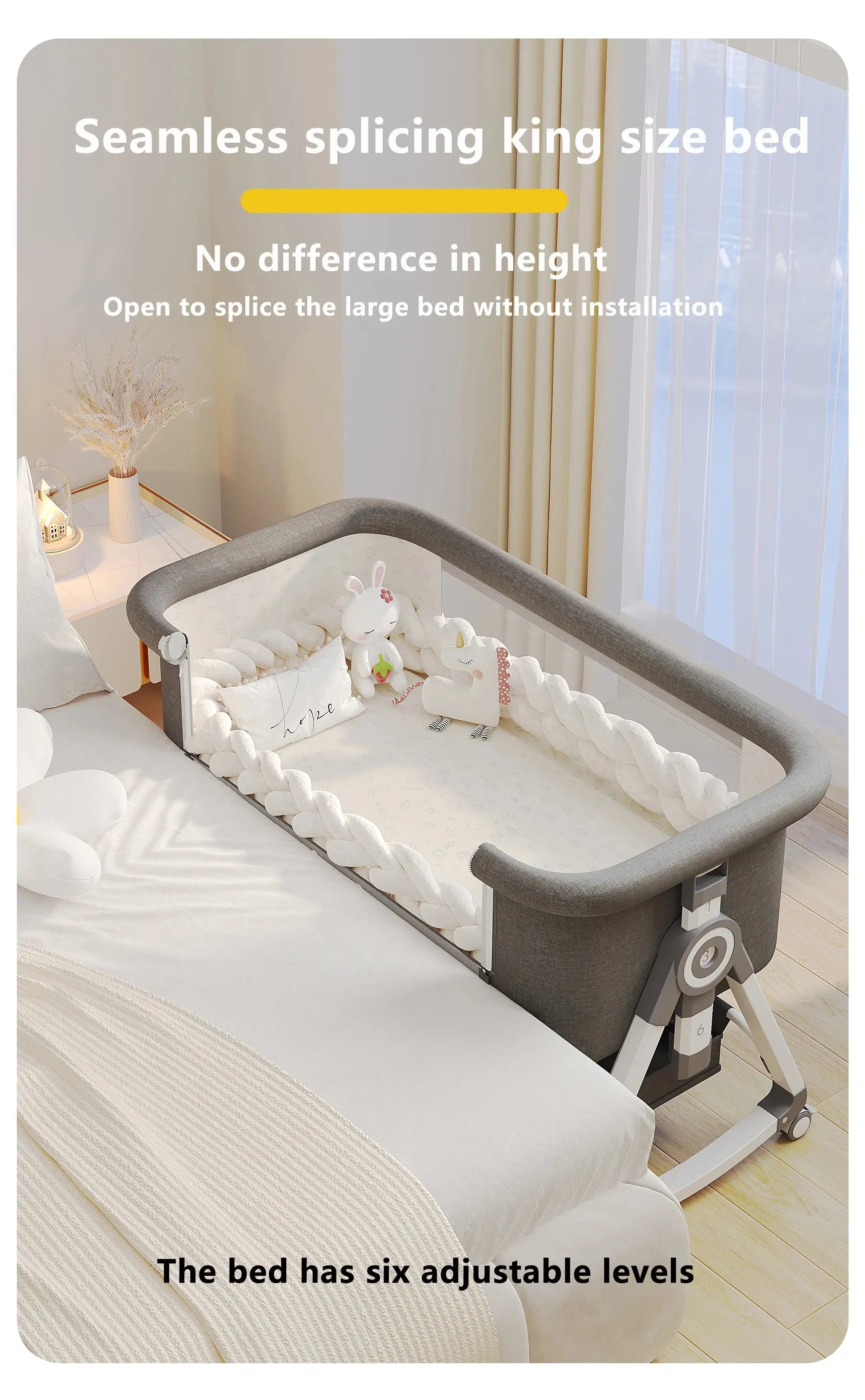 Portable Foldable Baby Crib 3-in-1 Adjustable Height with Rotatable Wheels Shaker Bassinet Mosquito Net Newborn Baby Bed Trikidsworld