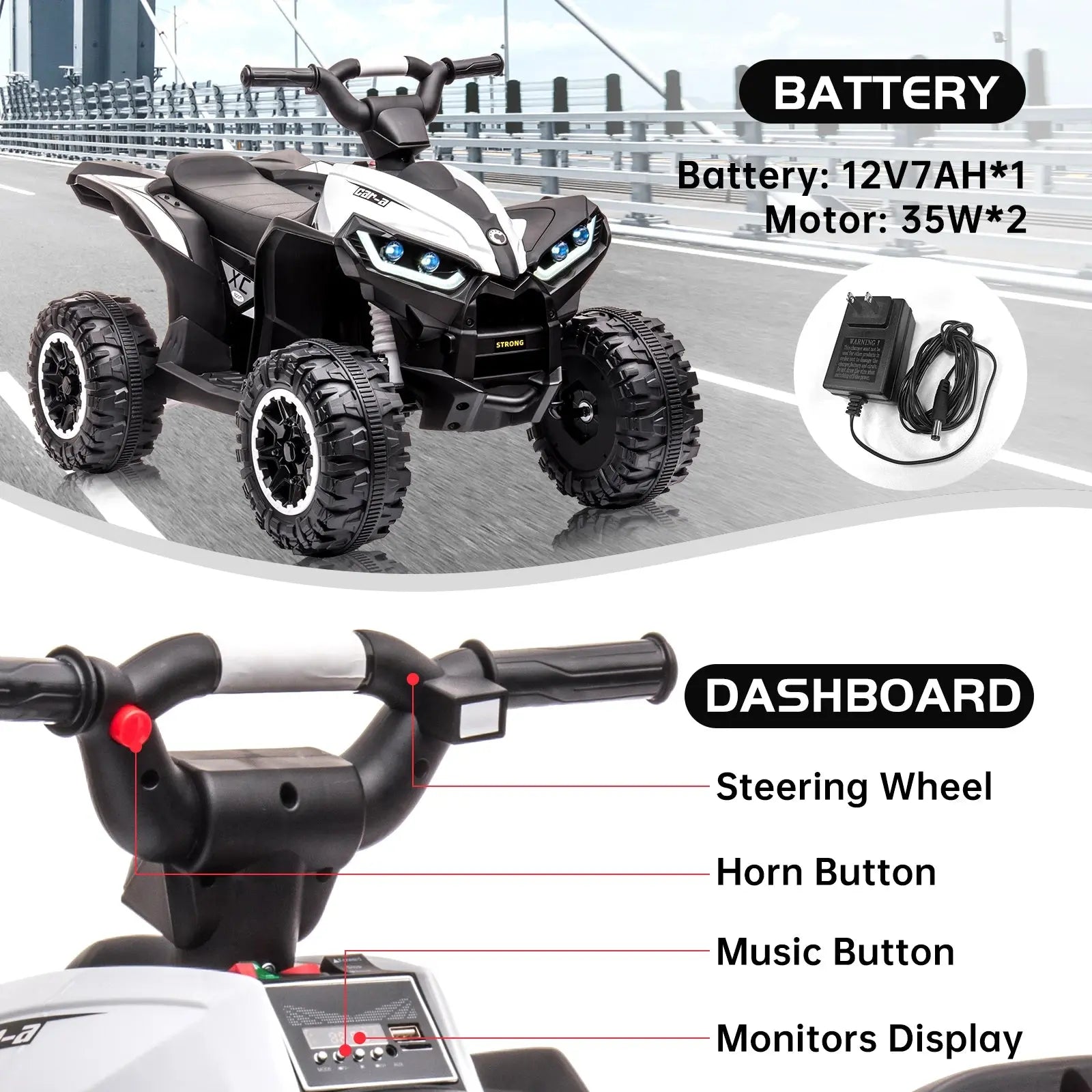 12V Kids Ride On ATV, Electric Battery, Powered Four Wheeler with Music, Led Lights, Soft Start, USB Port, and Treaded Tires Trikidsworld