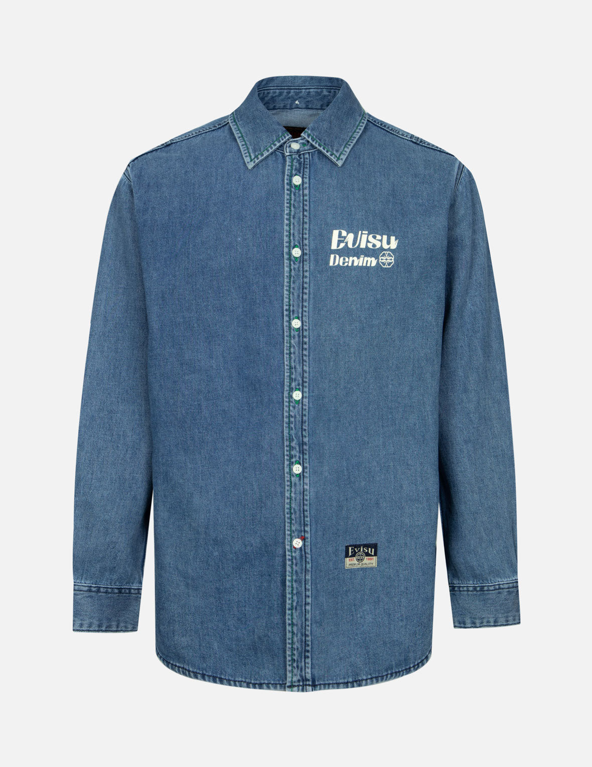 家紋ステッチと神奈川沖浪裏大黒プリント リラックスフィット デニムシャツ – EVISU