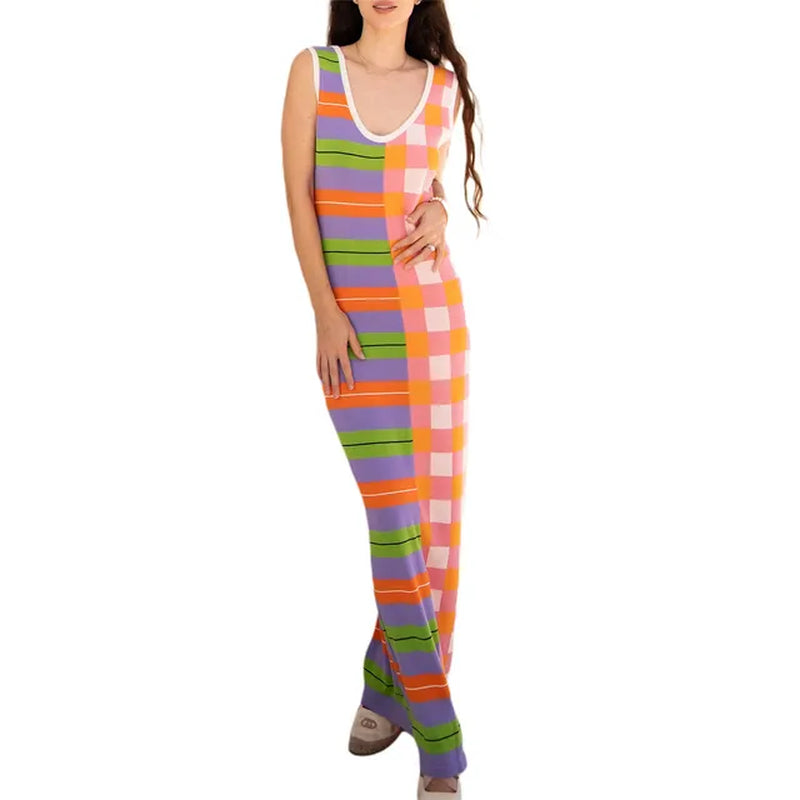 Women's Plaid Stripe Print Sleeveless Backless Summer Dress