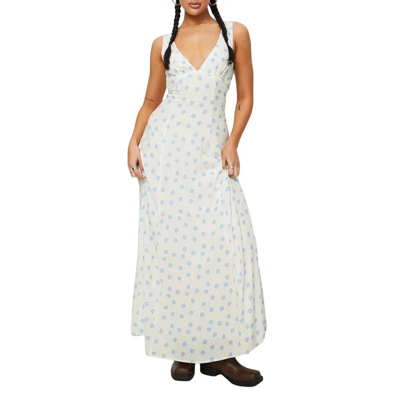 Floral Print Sleeveless Deep V-Neck Dress for Women