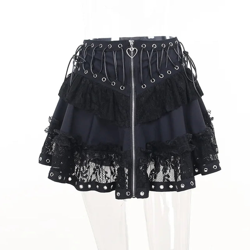 Gothic Style Lace Spliced Mini Skirt with Elastic Waist