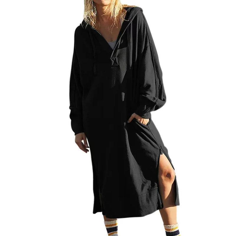 Solid Color Drawstring Hooded Fall Hoodie Dress with Side Slit
