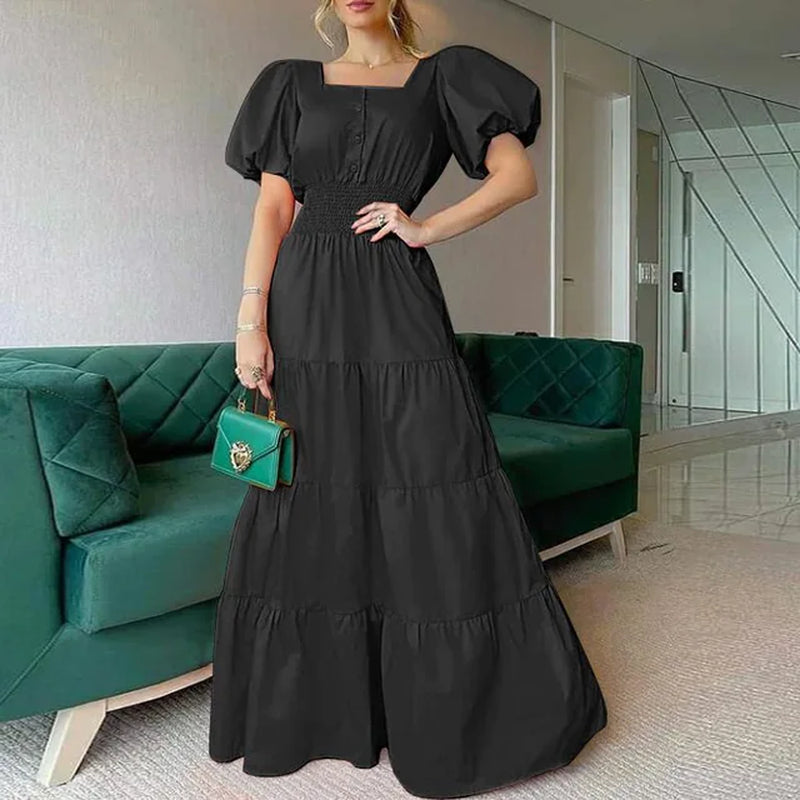 Square Neck Bubble Sleeve Long Dress for Summer Beach Wear