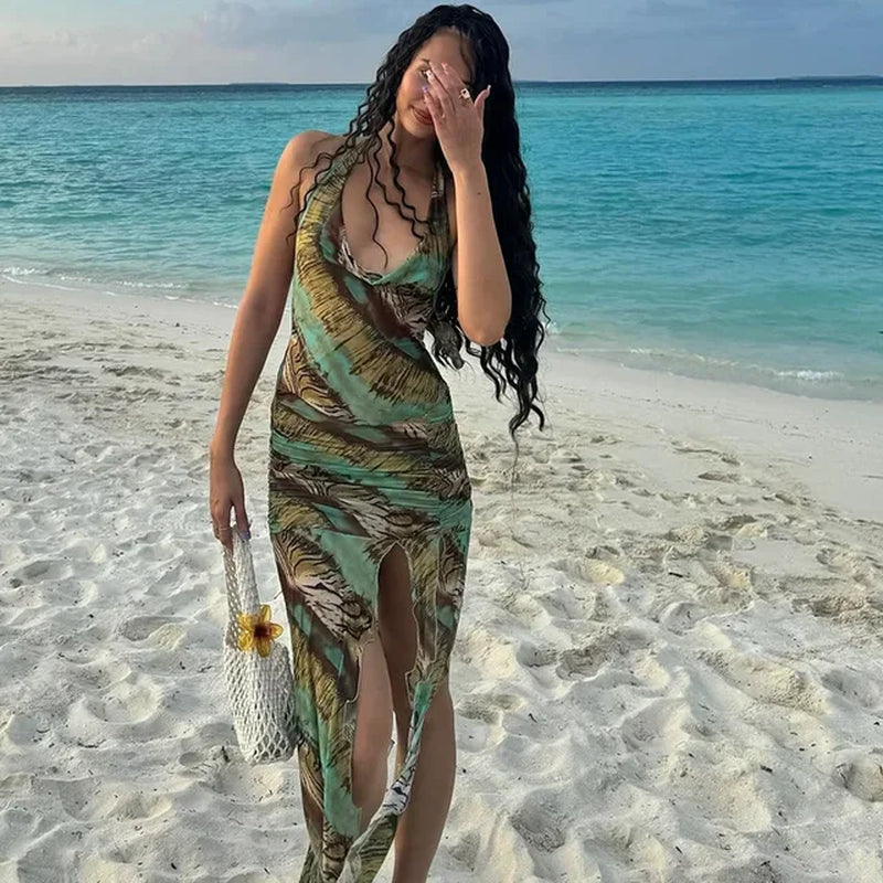 Sexy Foreign Trade Women's Fashion Printed Slit Dress