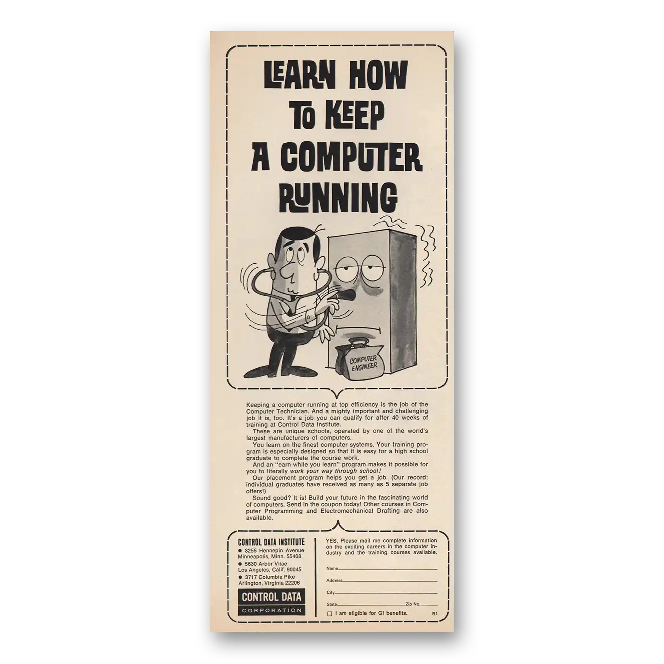 RELICPAPER 1966 Control Data Institute Print Ad   Keep Computer Running