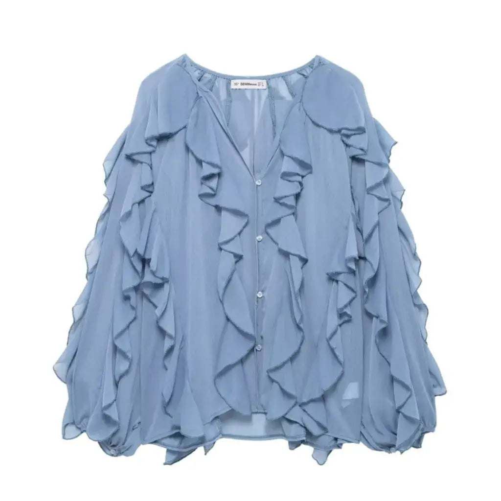 Blusa Boho Babado Azul Aurora