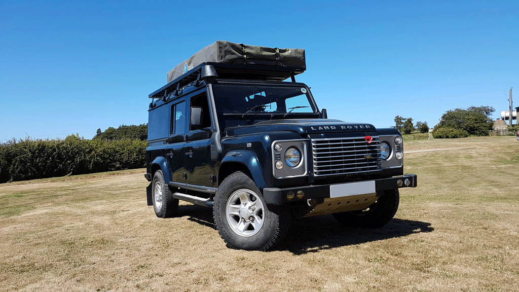 Land Rover Defender 110 Hannibal Roof Tent, Front Runner Roof Rack, Dog Guard and Ladder - Trek Overland