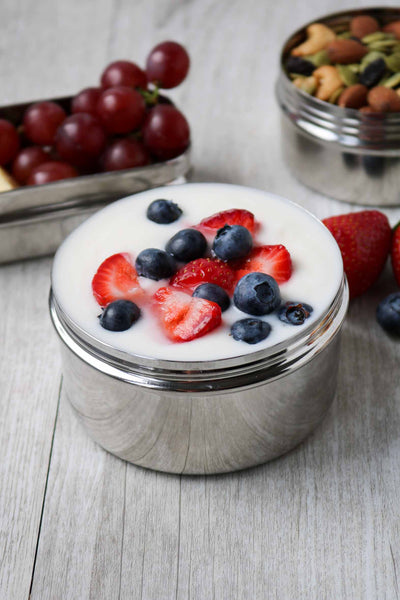 Yogurt and berries in stainless steel container
