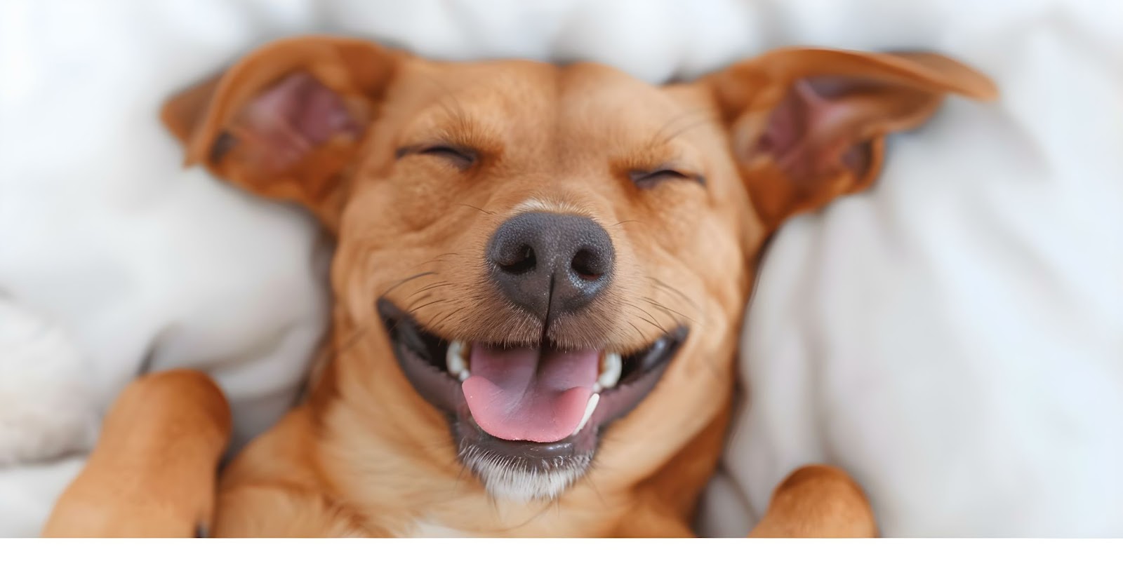 Happy brown dog with eyes closed, smiling and lying on a white surface.