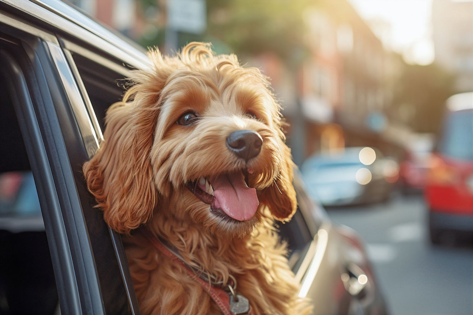 Happy golden dog with tongue out, looking out of a car window on a sunny street.