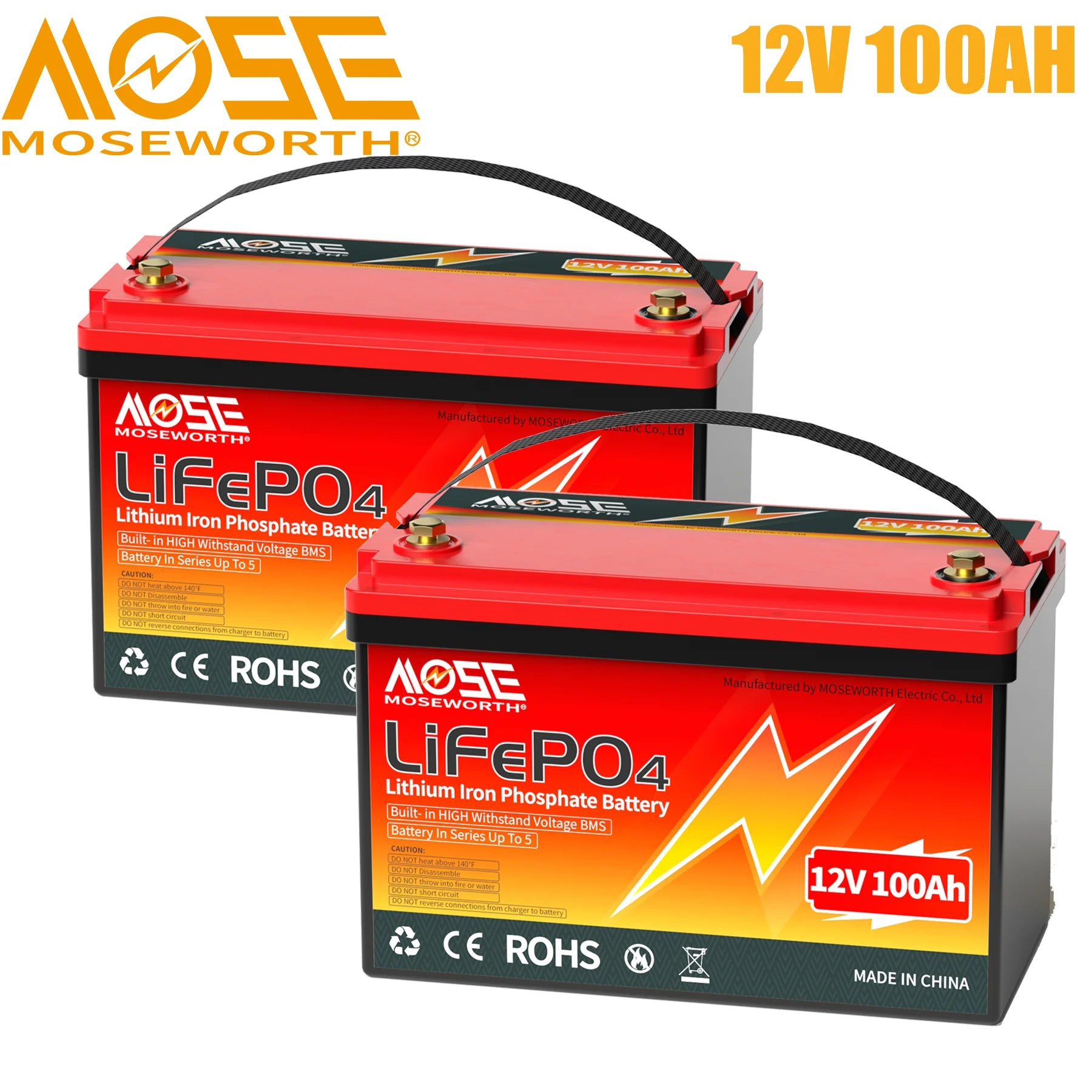 2 x 12V 100AH LiFePO4 Lithium Battery 100A BMSMOSEWORTH for RVBackup PowerSolar15000 Deep Cycles