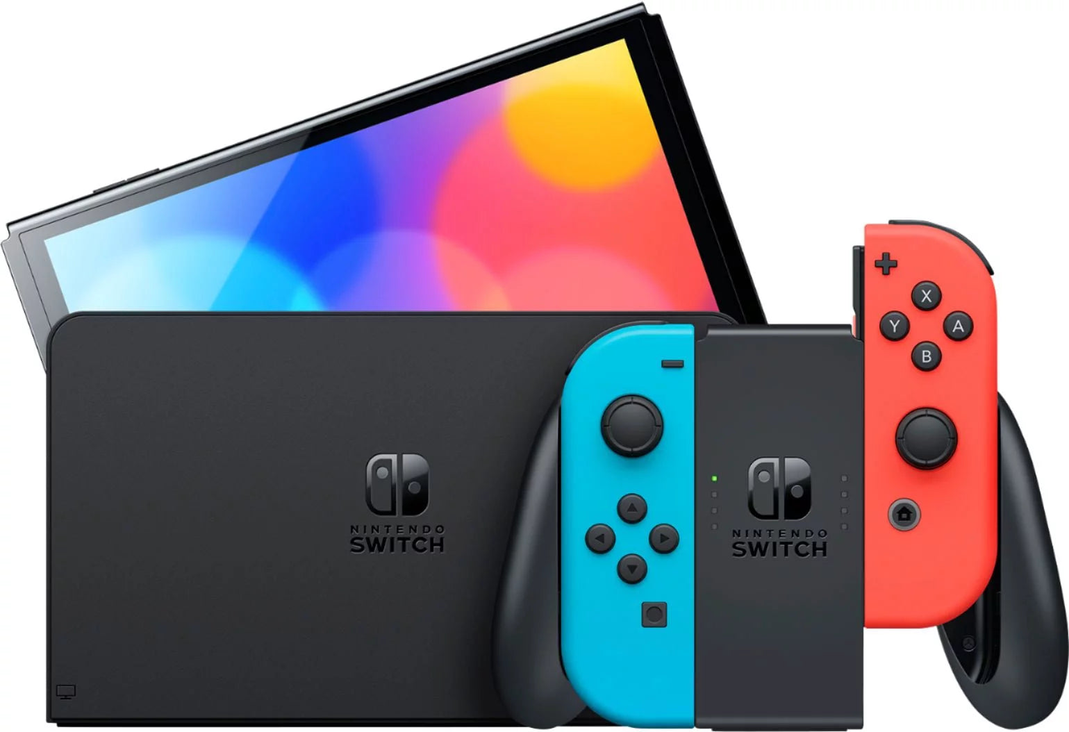2023 Newest Nintendo Switch OLED Model Neon Red Blue Joy-Cons Console 32GB Internal Storage Bundle with Super Mario 3D World + Bowser's Fury 10 in 1 Accessory Case