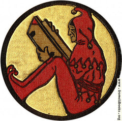 A scan of an old illustration of a jester reading a book in a circle