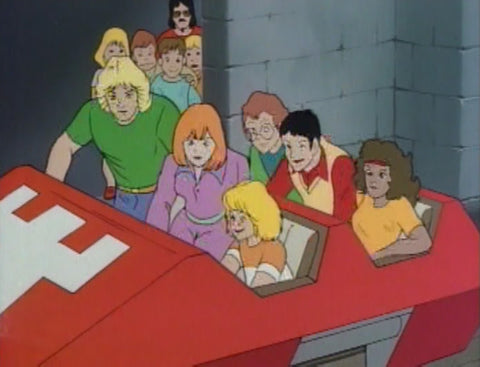 A screenshot from the DND Cartoon. It shows several teenagers sitting in a rollercoaster cart, which is red with white detailing.