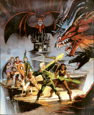 Promotional art for the DnD cartoon. It shows an adventuring party fighting a multicolored dargon with 5 heads, in front of a creepy castle with the image of a bat like wizard above it. The party stands on what looks like a thin mountain road.
