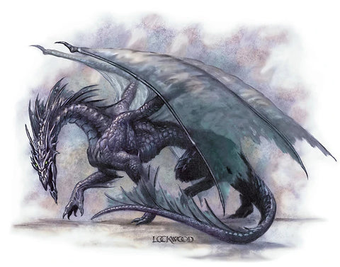 An illustration of a Shadow Dragon from D&D. It shows a large, dark dragon with shadow like smoke coming from its wings. 