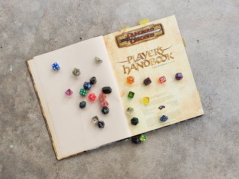 A photograph of the 3e Dungeons and Dragon Players Handbook open to the title page, with a variety of dice strewn across the open book