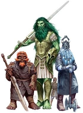 An illustration from the 3e monster manual of 3 giants. There is a scarlet skinned Fire Giant with orange hair and bear holding a battered scimitar, a Green skinned and haired Storm Giant wearing roman armor and carrying a longsword, and a blue skinned and blue haired forst giant wearing a viking helmet and holding an axe. Behind them, with a height reaching their knees, is a human looking shocked. 