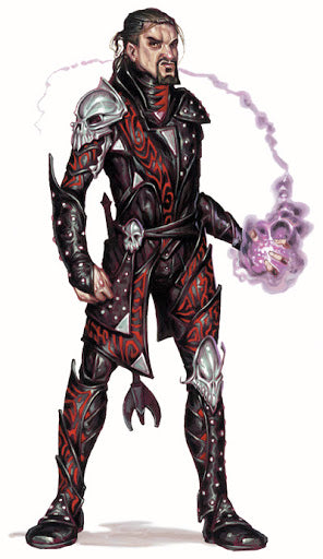 image description: an illustration of a pale man with dark hair and a goatee in studded leather armor. His left hand is surrounded in purple flame, as though he has just summoned it with a spell. End description. 